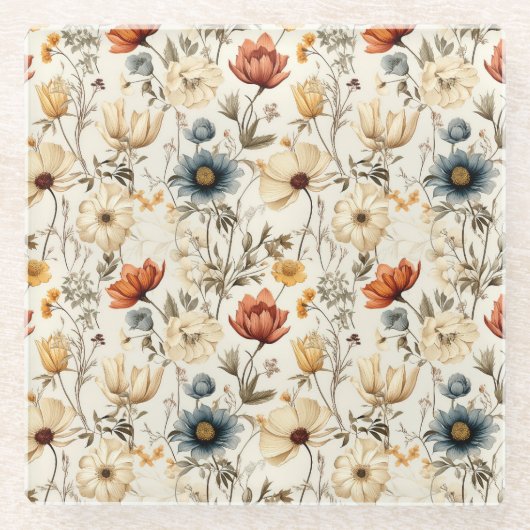 Vintage Dried Wildflower Navy Terracotta ガラスコースター (正面)