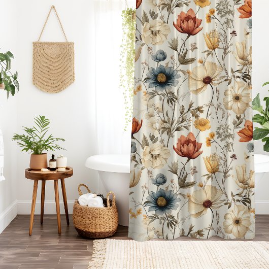 Vintage Dried Wildflower Navy Terracotta シャワーカーテン