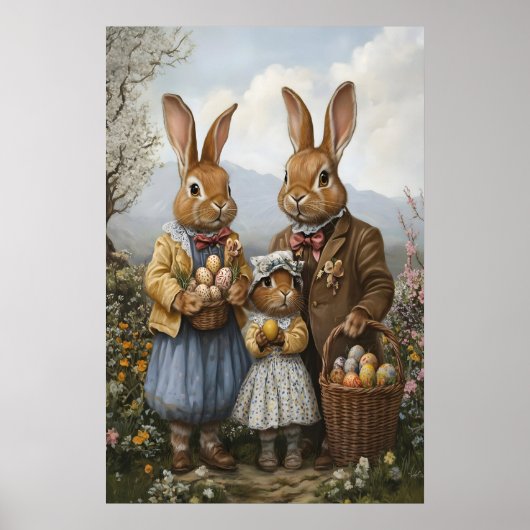 Vintage Easter Bunny Family Art, Spring Nursery ポスター (正面)