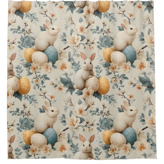 Vintage Easter Bunny Floral (3) シャワーカーテン (正面)
