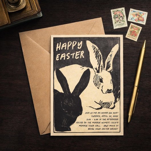 Vintage Easter Bunny Invitation - Easter Egg Hunt 招待状