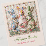 Vintage Easter Bunny Patchwork Quilt Floral シーズンポストカード<br><div class="desc">Adorable vintage Easter card with three quilted bunnies in cottage core patchwork style. Gingham and floral fabric rabbits with Easter egg basket. Nostalgic shabby chic design with pastel spring flowers. Personalize with family name. Perfect for Easter greetings,  spring celebrations,  and quilt lovers.</div>