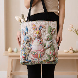 Vintage Easter Bunny Quilt Style Print Pattern トートバッグ