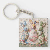 Vintage Easter Bunny Quilted Style Print キーホルダー (正面)