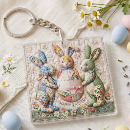 Vintage Easter Bunny Quilted Style Print キーホルダー