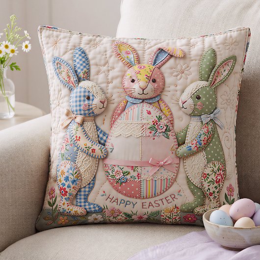 Vintage Easter Bunny Quilted Style Print クッション