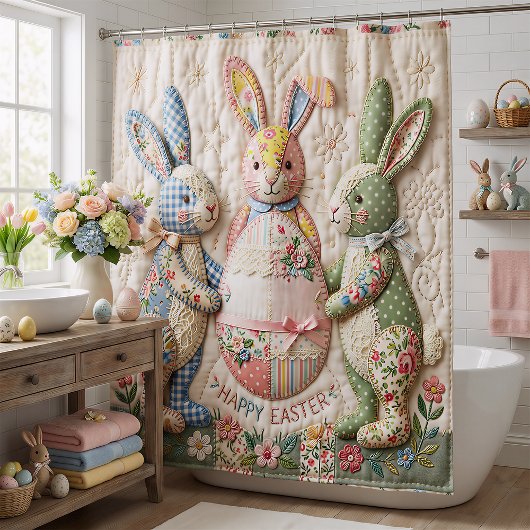 Vintage Easter Bunny Quilted Style Print シャワーカーテン