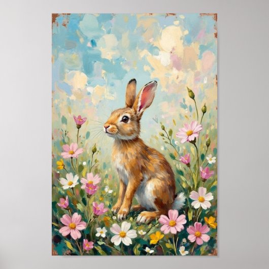 Vintage Easter Bunny Wildflower Art ポスター (正面)