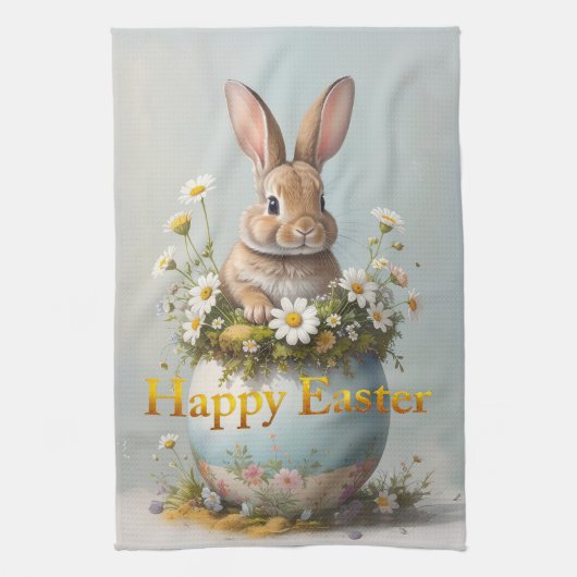 Vintage Easter Bunny with daisies キッチンタオル (縦)
