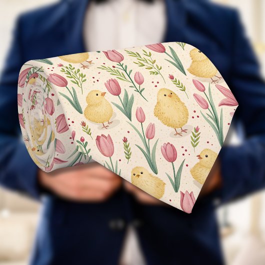Vintage Easter Cute Yellow Chicks Red Tulips ネクタイ
