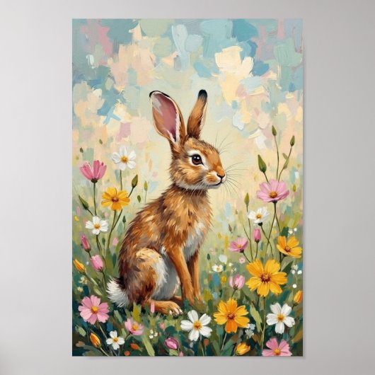 Vintage Easter Meadow Bunny Art ポスター (正面)