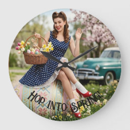 Vintage Easter Pin-Up Clock | Retro Girl Art ラージ壁時計