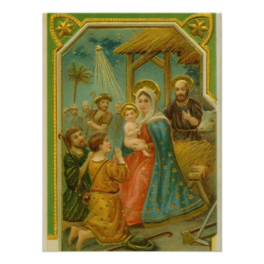Vintage Edwardian Era Nativity Christmas Card ポスター (正面)