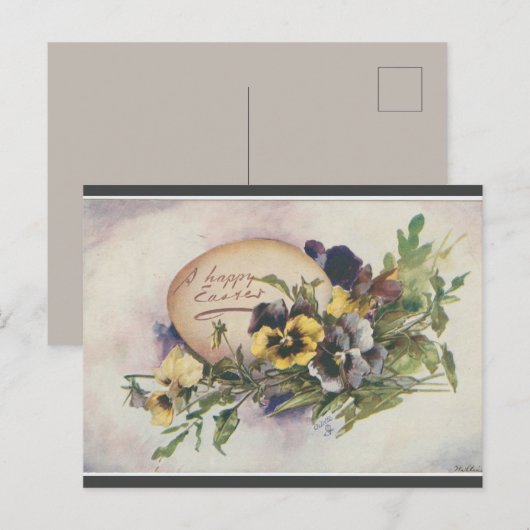 Vintage Egg and Pansies Easter ポストカード (正面/裏面)