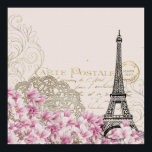 Vintage Eiffel Tower Collage with Pink WIldflowers ポスター<br><div class="desc">A whimsical vintage collage which has an old french postcard background with an eiffel tower sketch and some pink and white wildflowers bordering the bottom. Fancy swirly embellishments decorate the sides.</div>