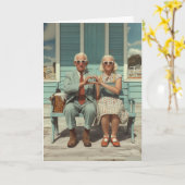 Vintage Elderly Couple Making Heart Gesture カード (黄色い花)