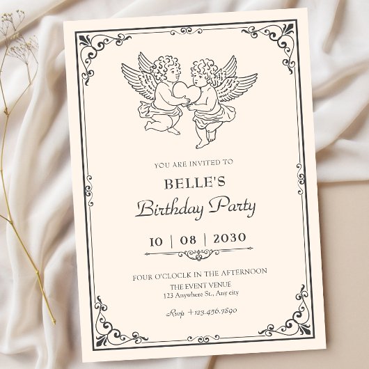 Vintage elegant angels birthday 招待状