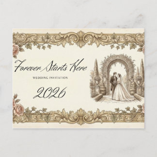 Vintage Elegant Floral Wedding Invitation Postcard ポストカード