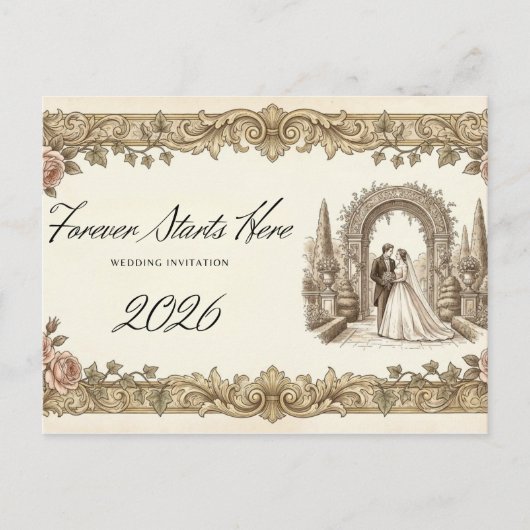 Vintage Elegant Floral Wedding Invitation Postcard ポストカード (正面)