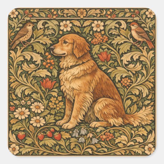 Vintage elegant Golden Retriever boho painting スクエアシール (正面)