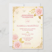 Vintage Elegant Pink Gold Quinceanera Birthday 招待状 (正面)