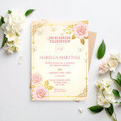 Vintage Elegant Pink Gold Quinceanera Birthday 招待状