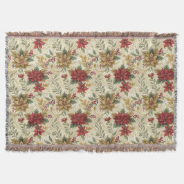 Vintage Elegant Red & Gold Poinsettia Floral スローブランケット