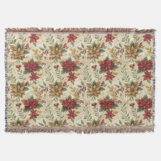 Vintage Elegant Red & Gold Poinsettia Floral スローブランケット (正面)