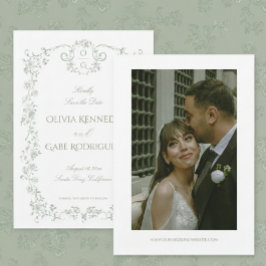 Vintage Elegant Sage Green French Floral Wedding セーブザデート
