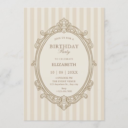 Vintage elegant soft beige birthday 招待状 (正面)