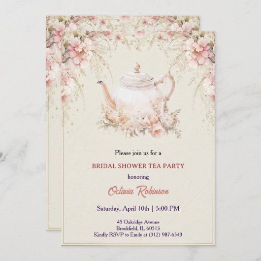 Vintage Elegant Tea Party Bridal Shower Invitation 招待状 (正面/裏面)