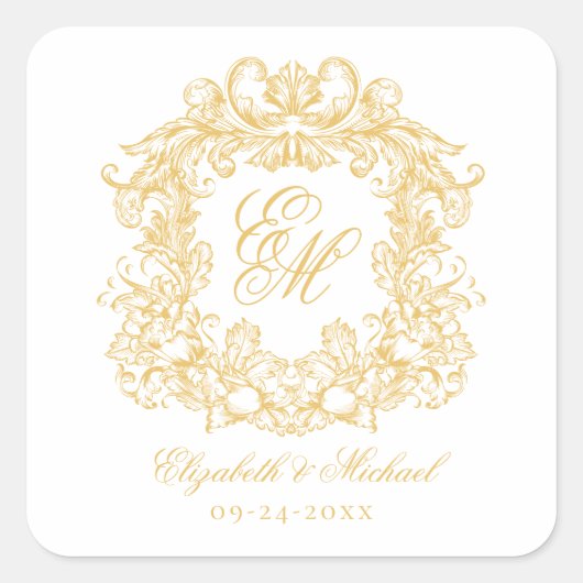 Vintage Elegant Wedding Monogram Crest Gold スクエアシール (正面)
