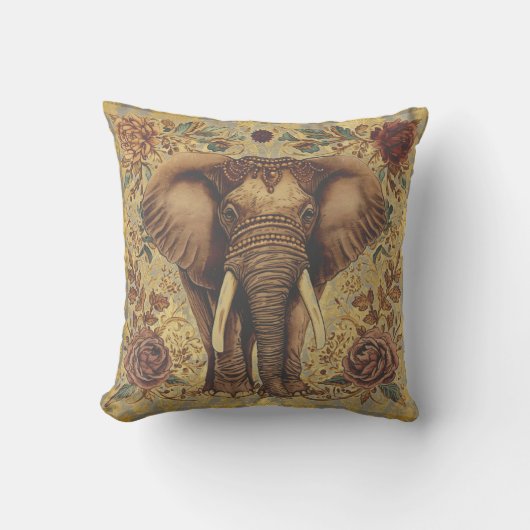Vintage Elephant, Antique Elephant Flowers Pattern クッション (正面)