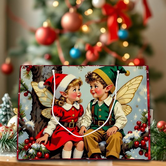 Vintage Elven Fairy Children Christmas ラージペーパーバッグ