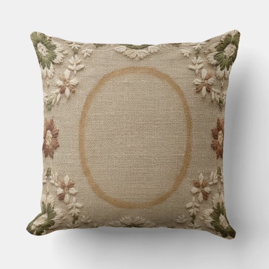 Vintage Embroidered Floral Pillow - Rustic Farmhou クッション (正面)