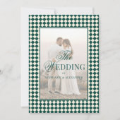 Vintage Emerald Checkered Old Money Photo Wedding 招待状 (正面)