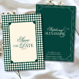 Vintage Emerald Green Checkered Old Money Wedding セーブザデート
