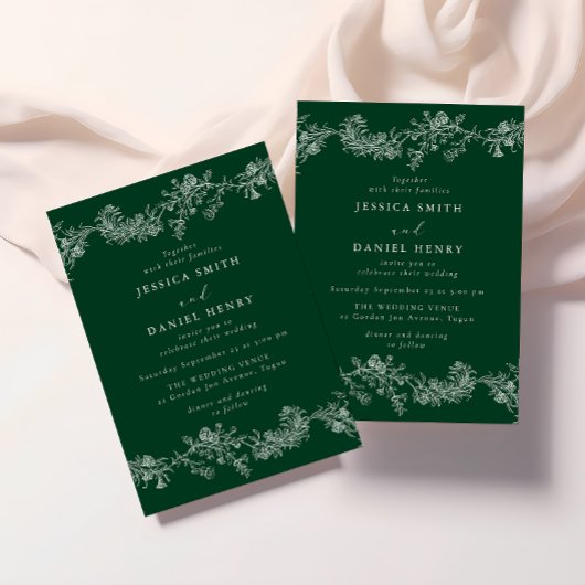 Vintage Emerald Green & White Floral Wedding 招待状