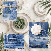 Vintage Engraved French Toile Snow Covered Cottage ラッピングペーパーシート