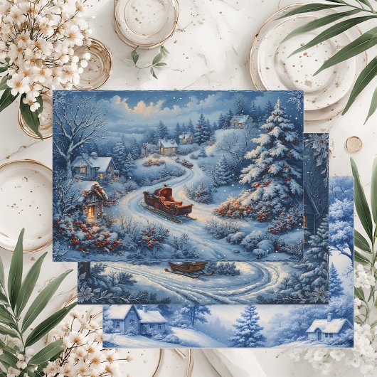 Vintage Engraved French Toile Snow Winter Cottage  ラッピングペーパーシート