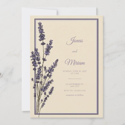 Vintage Engraved Lavender Cream Border Wedding 招待状 (正面)