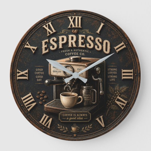 Vintage Espresso Coffee Machine ラージ壁時計 (正面)