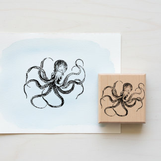 Vintage Etched Octopus Wooden Art Stamp ラバースタンプ