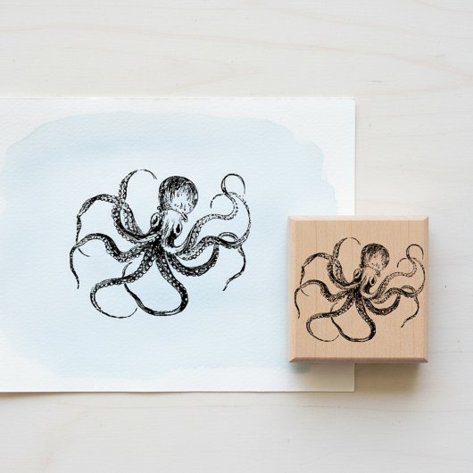 Vintage Etched Octopus Wooden Art Stamp ラバースタンプ