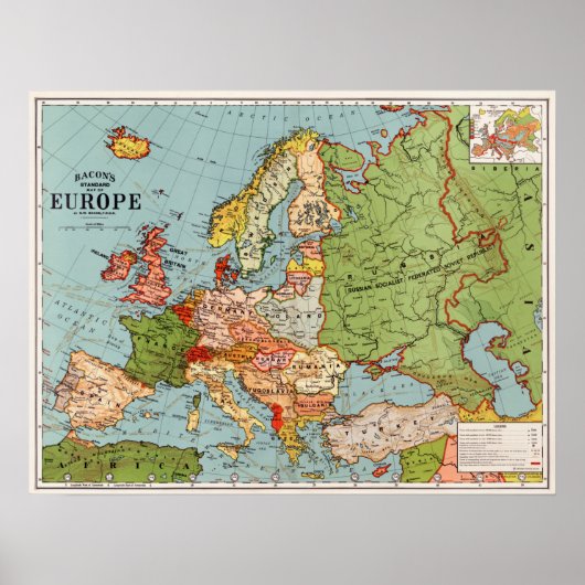 Vintage Europe 20th Century Bacon's Standard Map ポスター (正面)