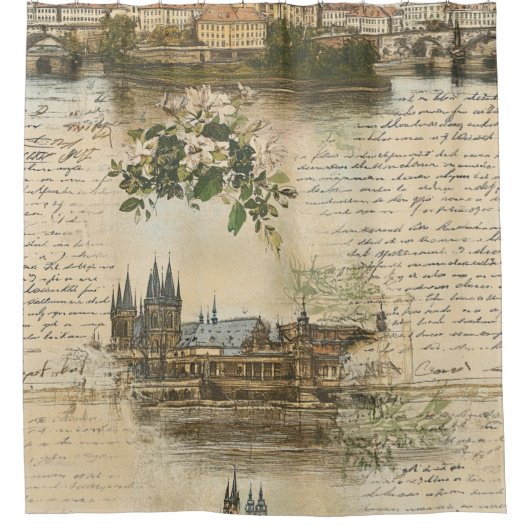 Vintage European River Scene - Handwritten Script シャワーカーテン (正面)