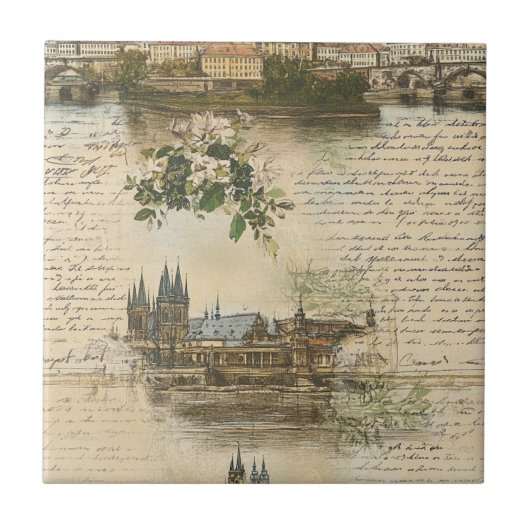 Vintage European River Scene - Handwritten Script タイル (正面)