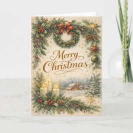 Vintage Evergreen Wreath Merry Christmas  シーズンカード