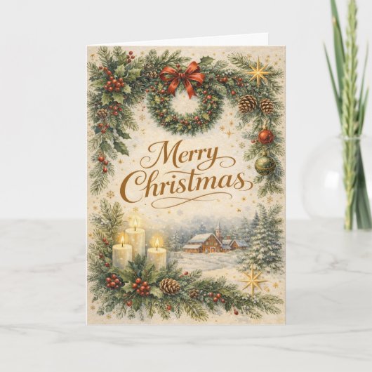 Vintage Evergreen Wreath Merry Christmas  シーズンカード (正面)