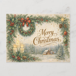 Vintage Evergreen Wreath Merry Christmas  シーズンポストカード